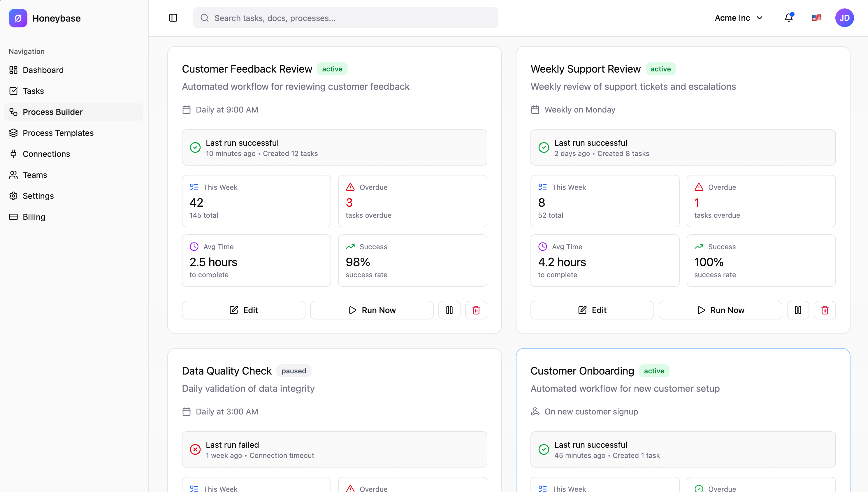 Honeybase workflow automation dashboard
